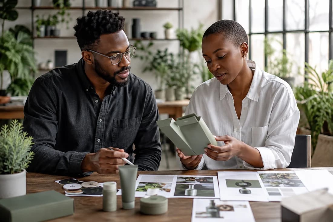 Illustrative creative professionals reviewing a campaign in a studio