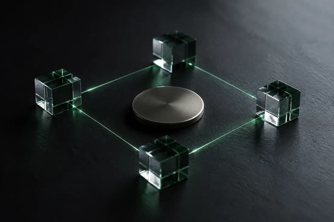 Illustrative glass blocks and a metal token representing digital assets