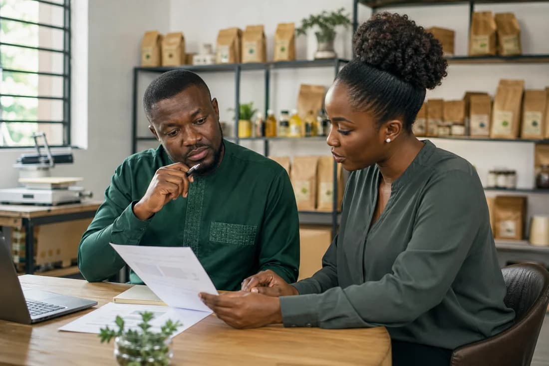 Illustrative business owner and analyst reviewing paperwork at a workshop