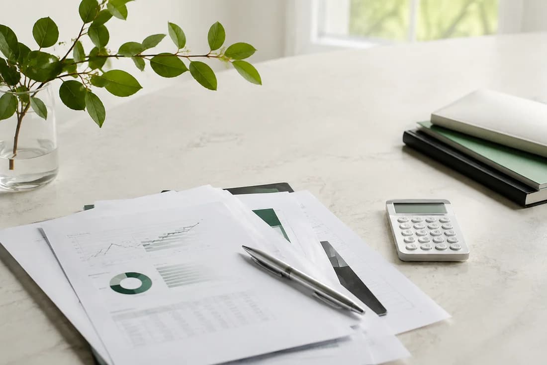 Illustrative financial documents and a pen on a naturally lit desk