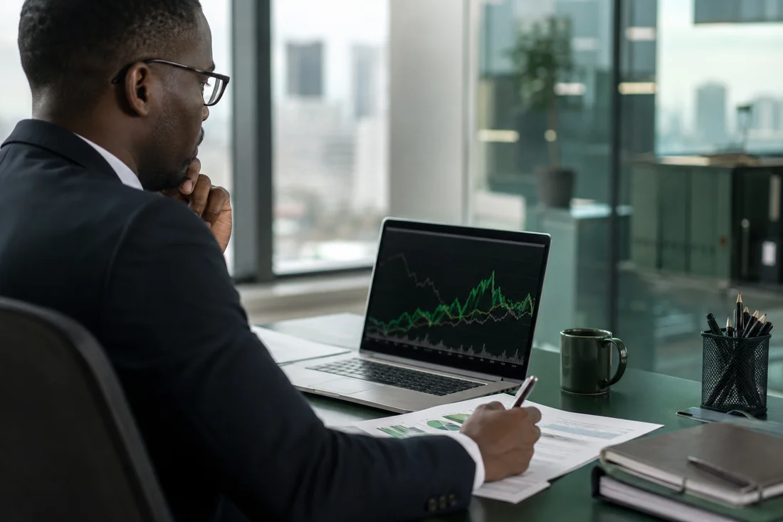 Illustrative analyst desk with market research and a laptop
